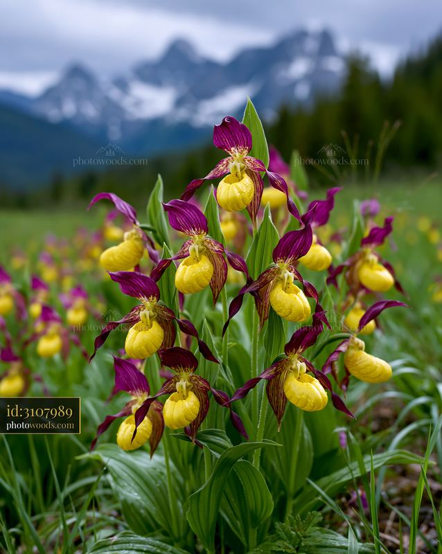 Yellow lady's slipper orchids in a mountain meadow