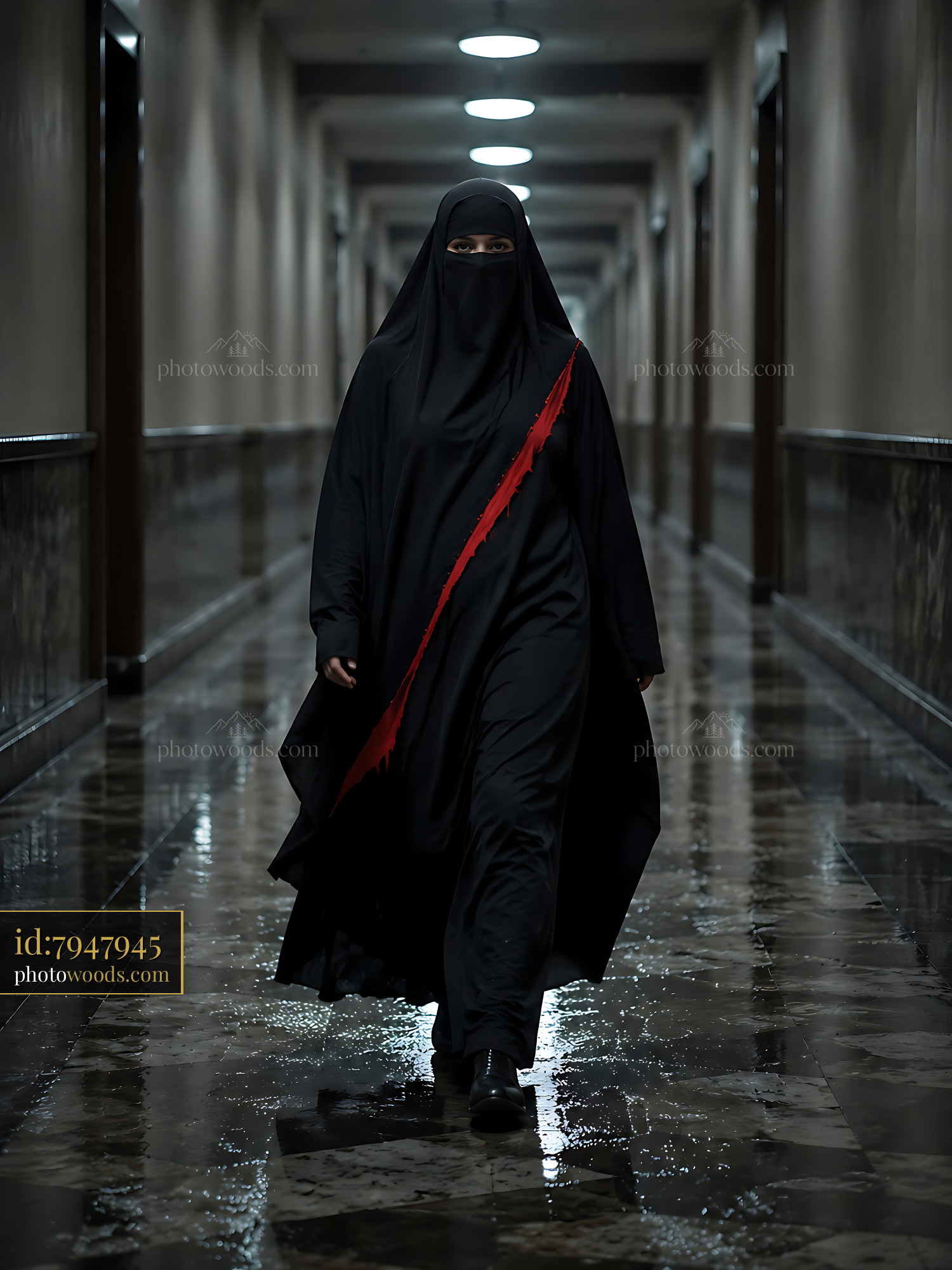 Woman Walks Down a Long Corridor Wearing a Black Dress