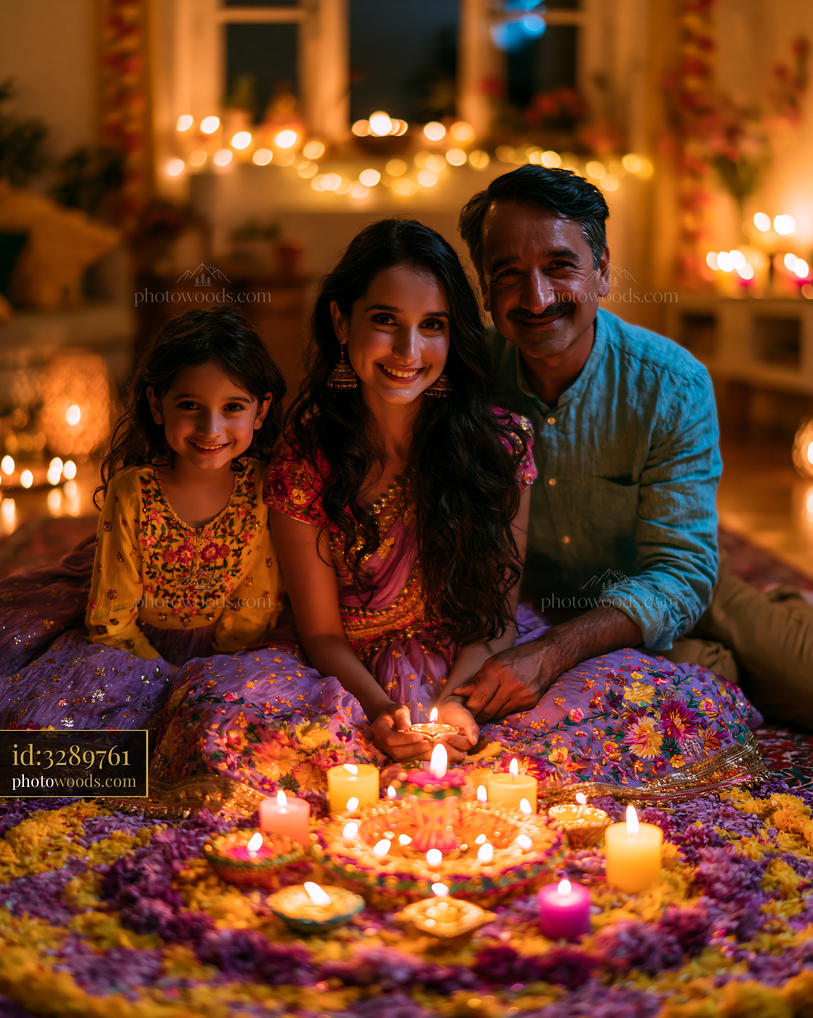 Family Celebrating Diwali With Candles and Flowers in India
