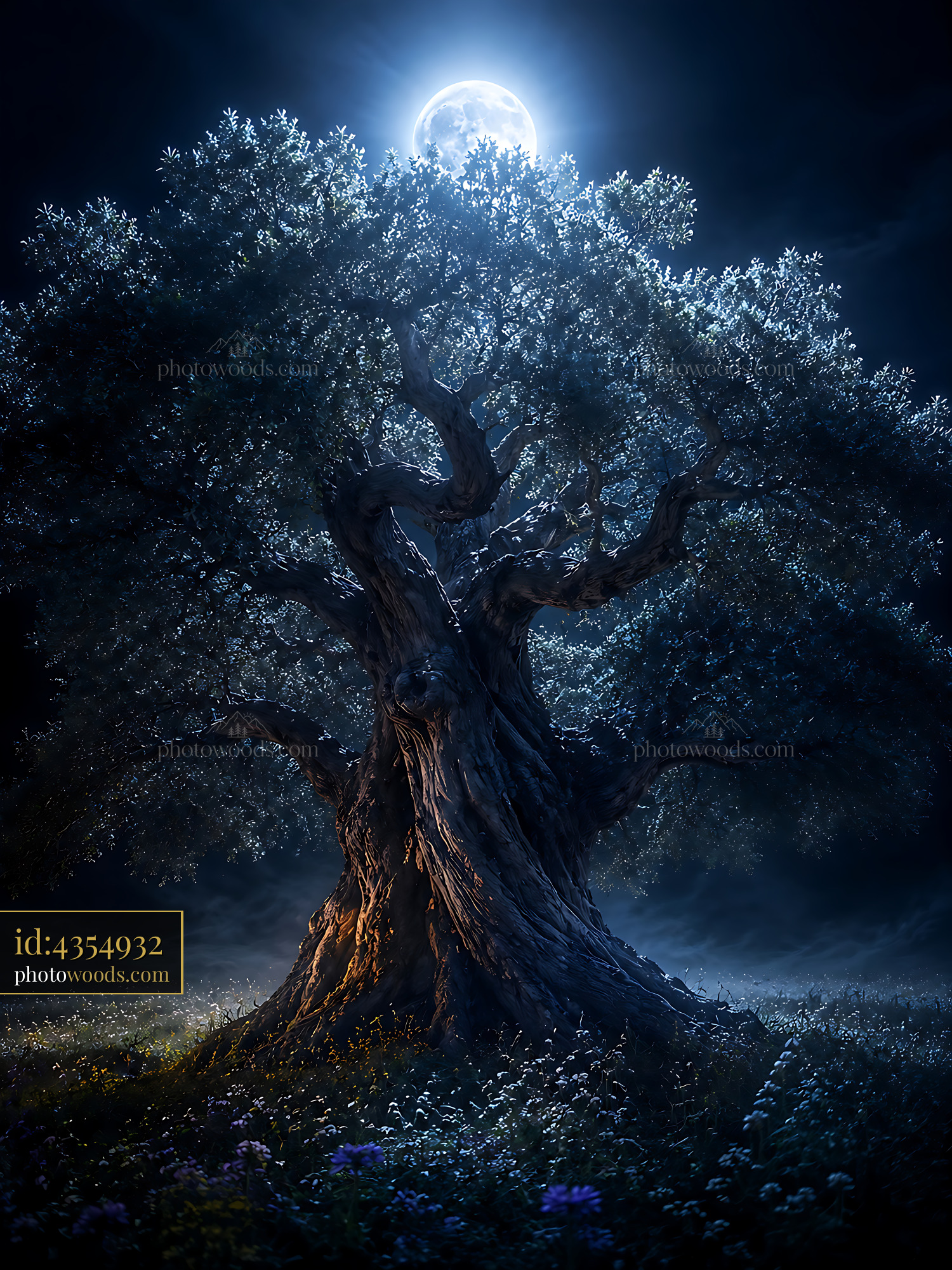 Tree Stands Under Moonlight in a Dark Forest at Night