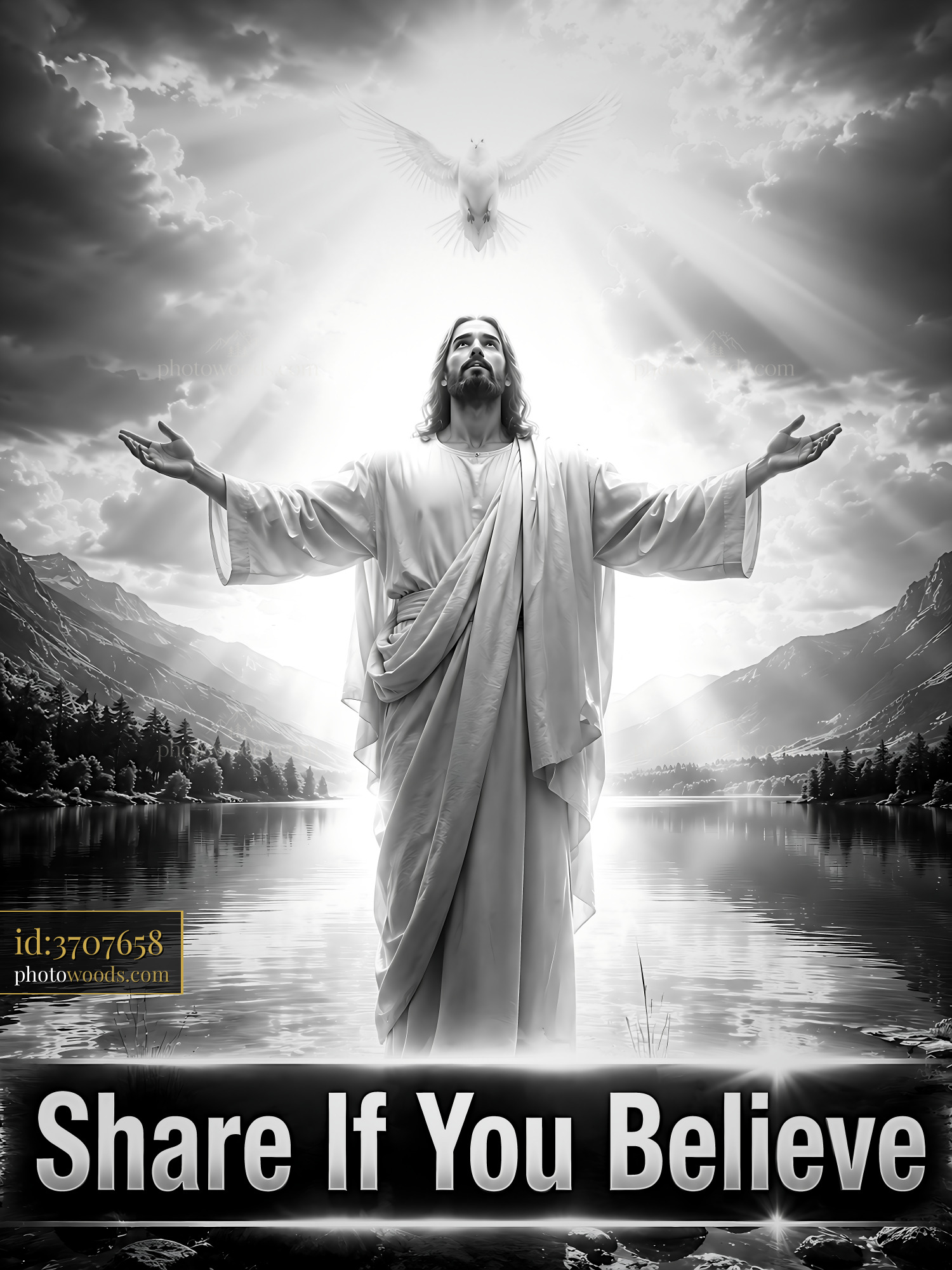 Jesus With Open Arms by the Lake Under a Bright Light
