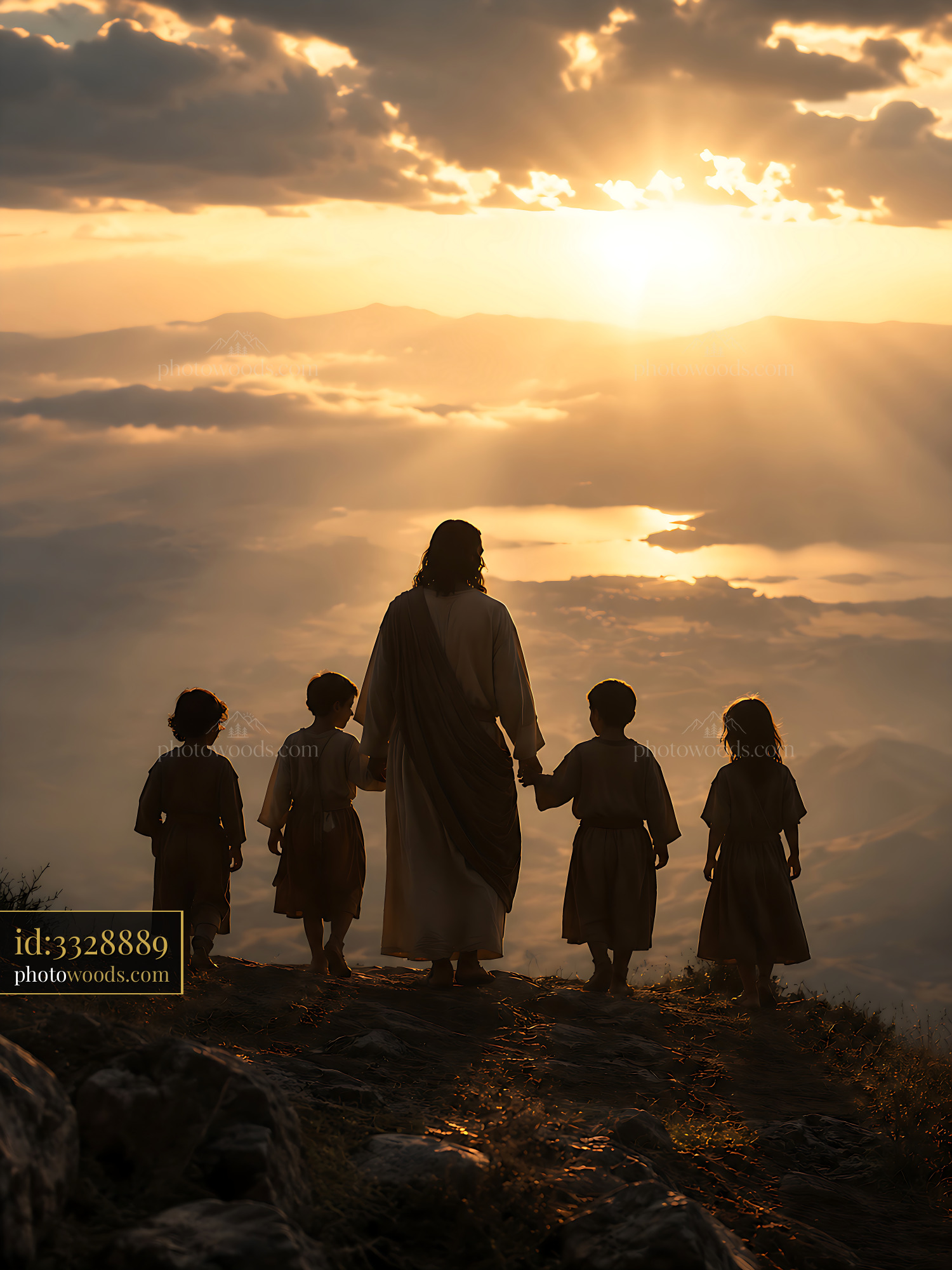 Jesus Walks With Children at Sunset on a Mountain Path