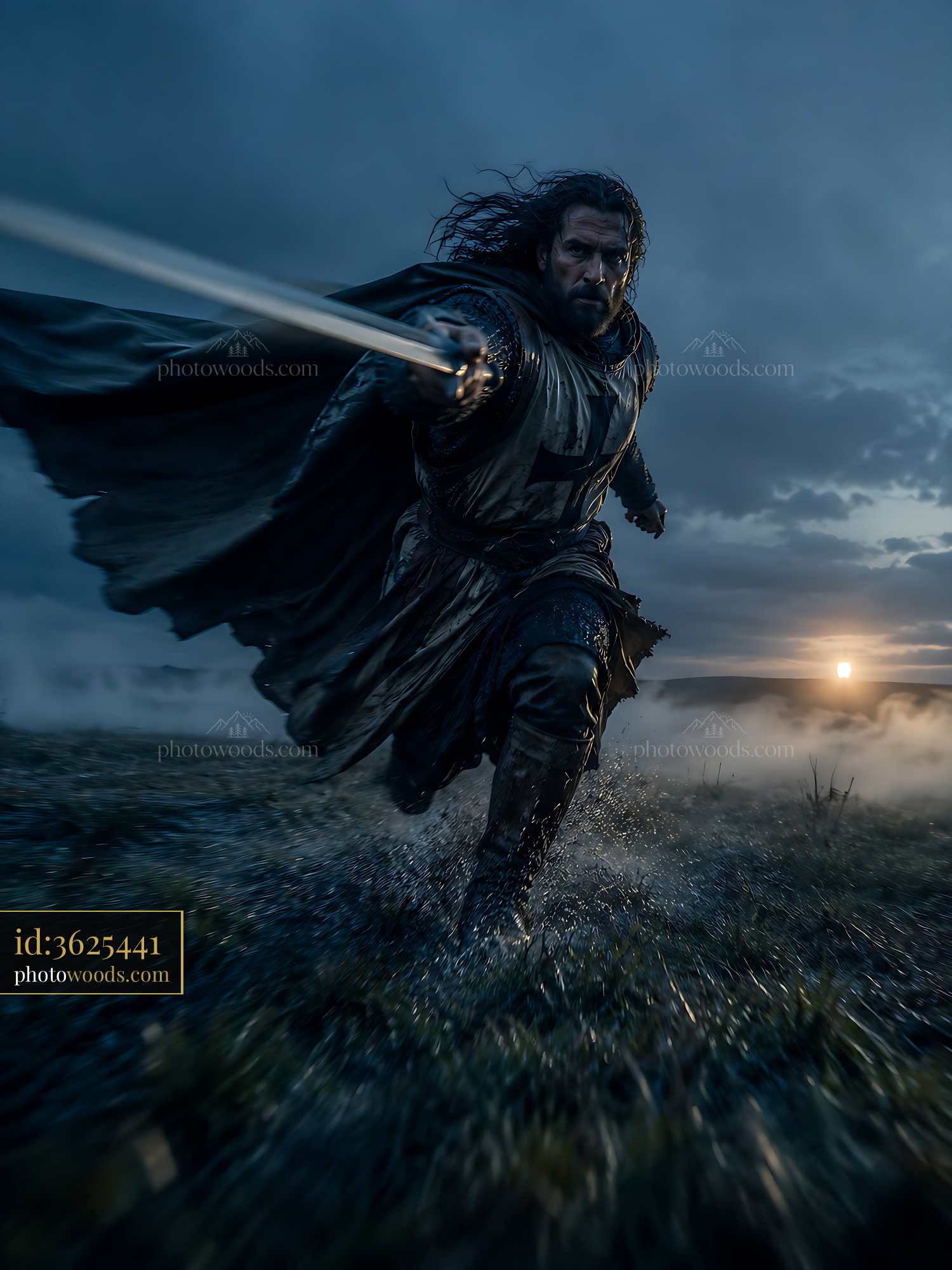 Warrior Runs With Sword at Sunset in Dramatic Weather Conditions