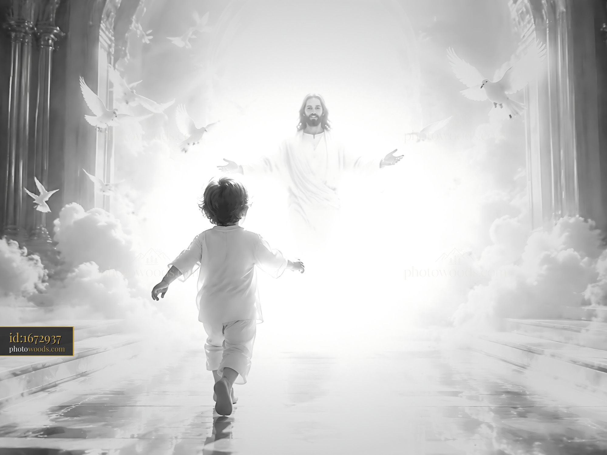 Child Walking Towards Figure in White Light With Doves Flying