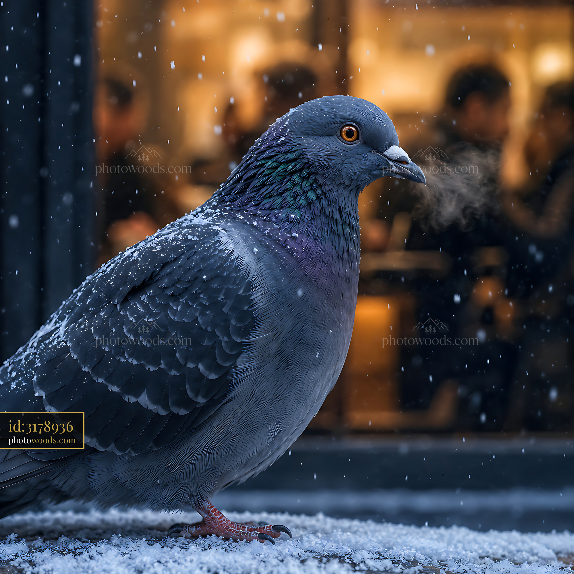 Pigeon Stands Amid Snow With Warm Background in Urban Setting