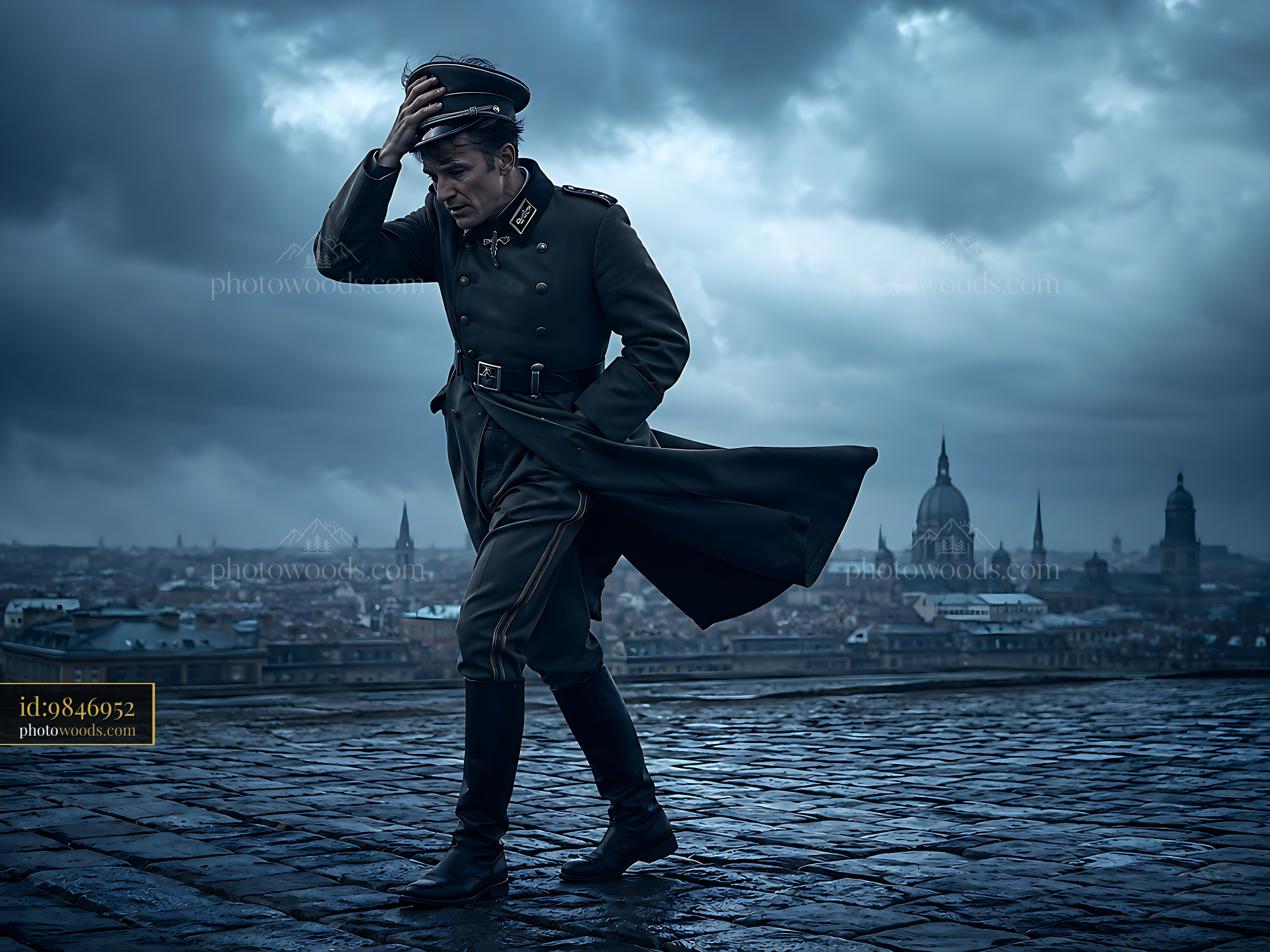 Man in Military Uniform Walks on a Cobbled Street in Cloudy Weather