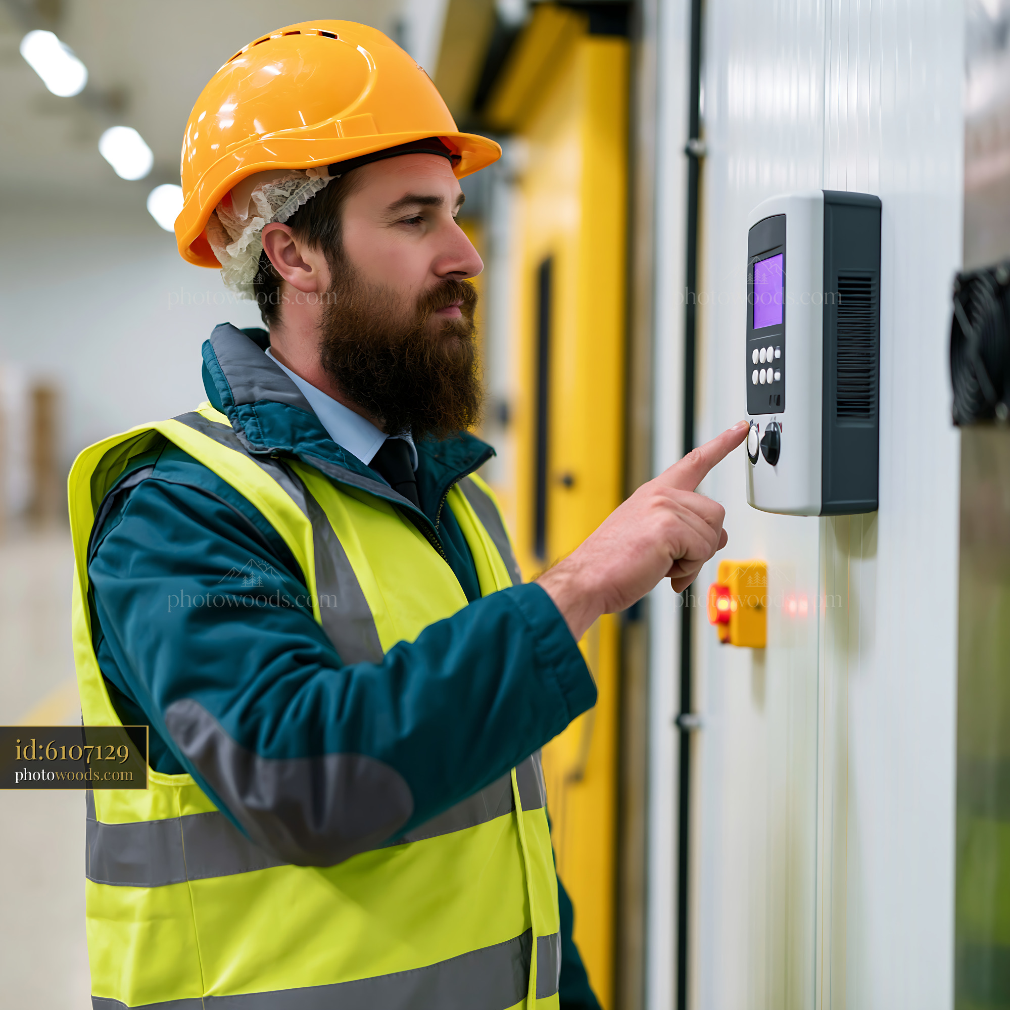 Customs Clerk Checking Temperature Sensors in a Warehouse