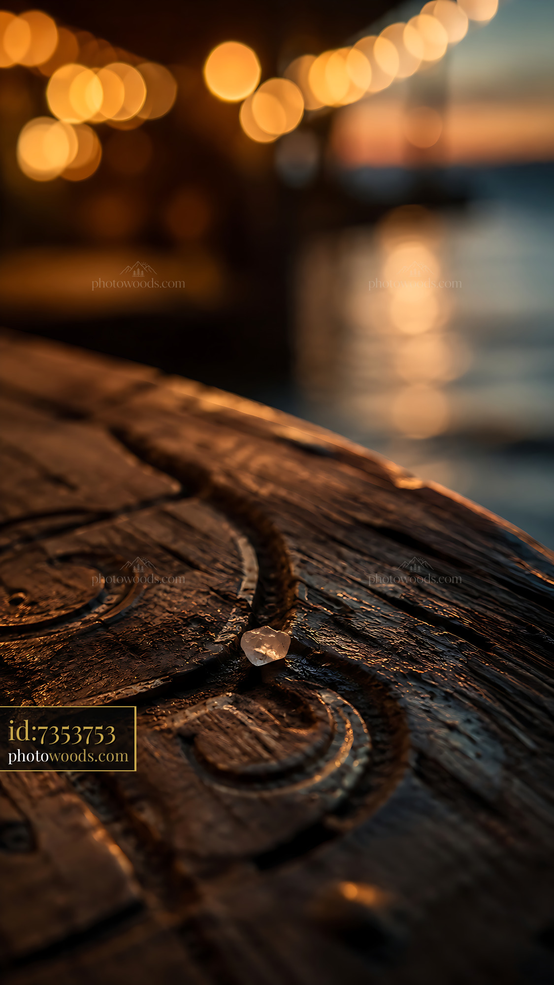 Water Droplet Rests on Wooden Surface Near Lights at Sunset