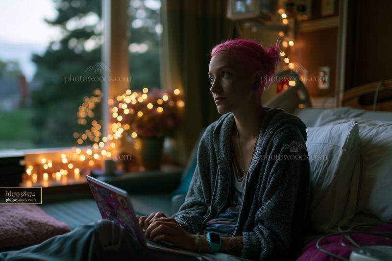 Young woman using laptop in a warmly lit bedroom