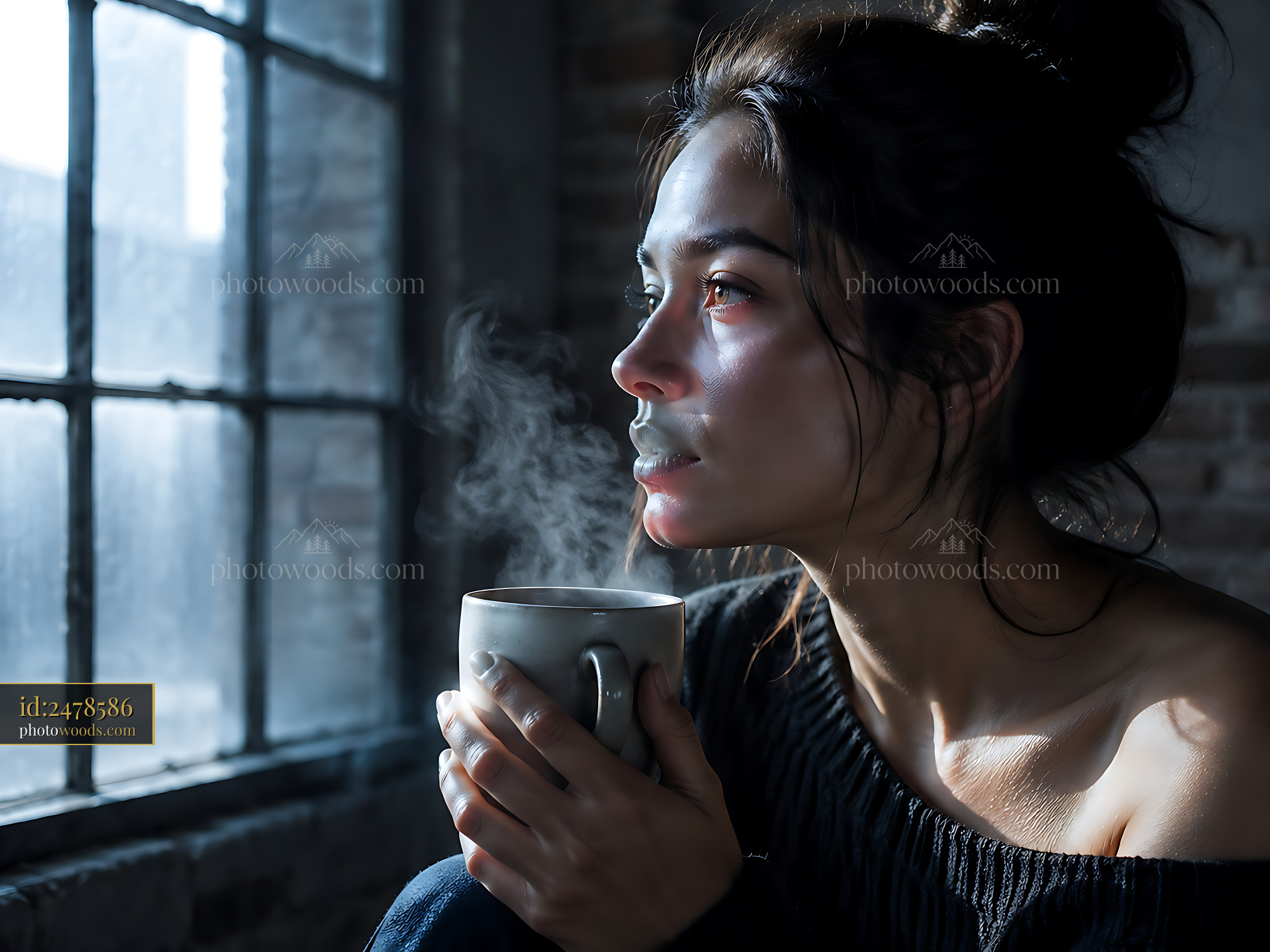 Woman Holding Cup Near Window With Steam Rising in Morning Light
