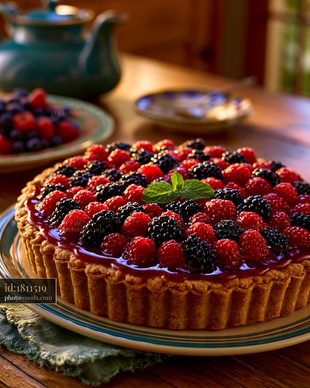 Fresh Berry Tart With Glossy Glaze and Mint on Wooden Table