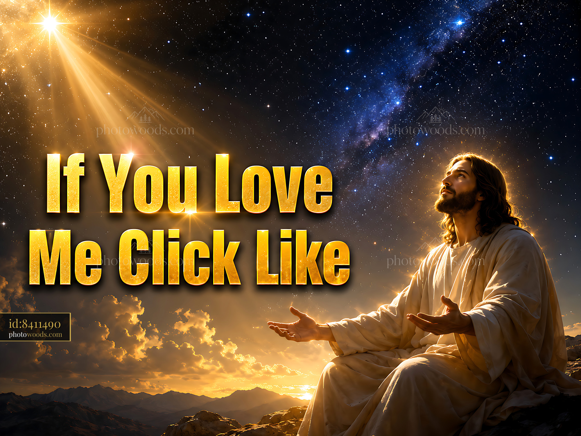Jesus Raising Hands in Cosmic Background With Message to Like