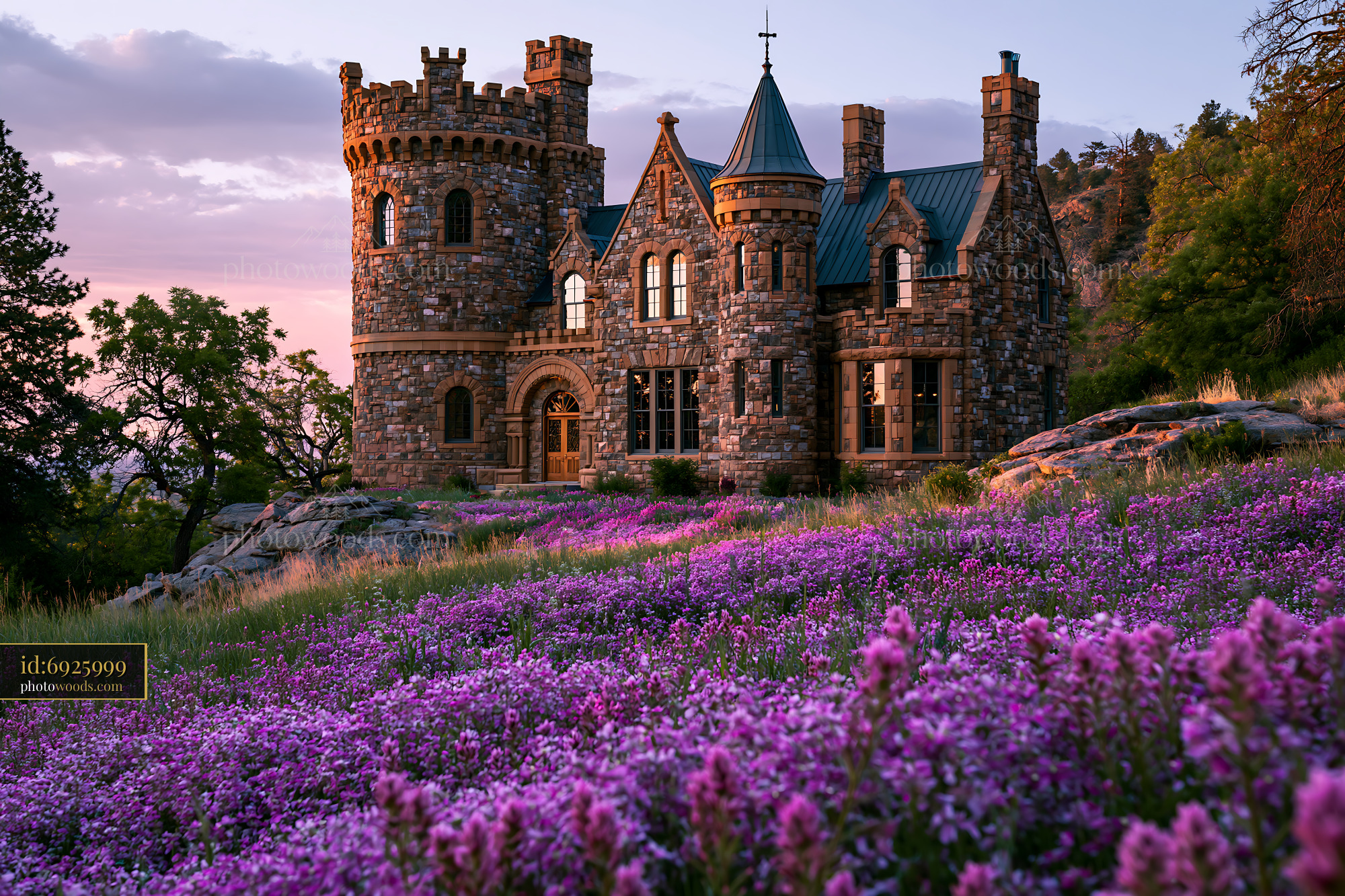 Castle Surrounded by Purple Wildflowers at Sunset