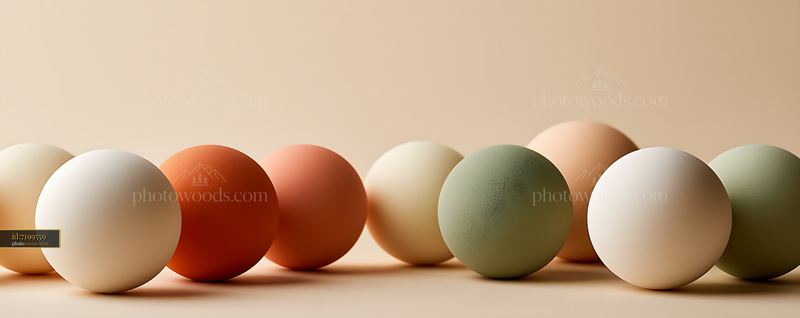 Abstract row of colorful spheres in warm studio light