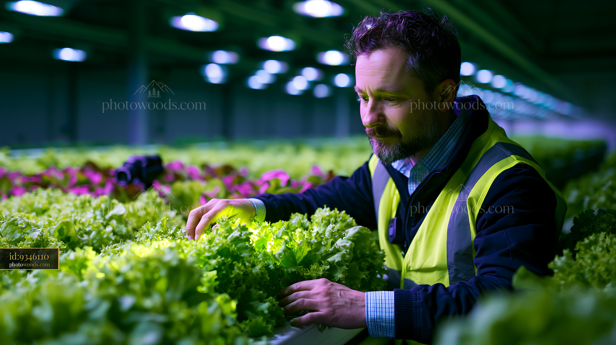 Energy Consultant Inspecting Hydroponic Lettuce in Indoor Farm