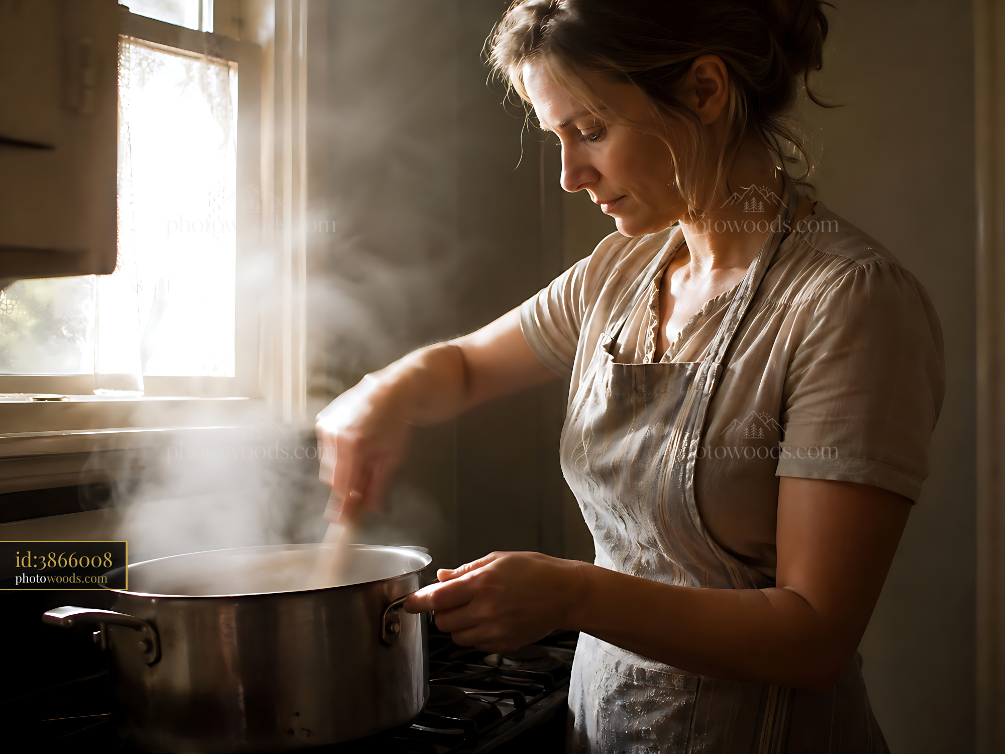 Woman Cooking in a Kitchen While Stirring a Pot With Steam