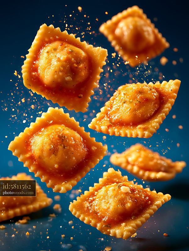 Golden filled pastries floating with scattered crumbs