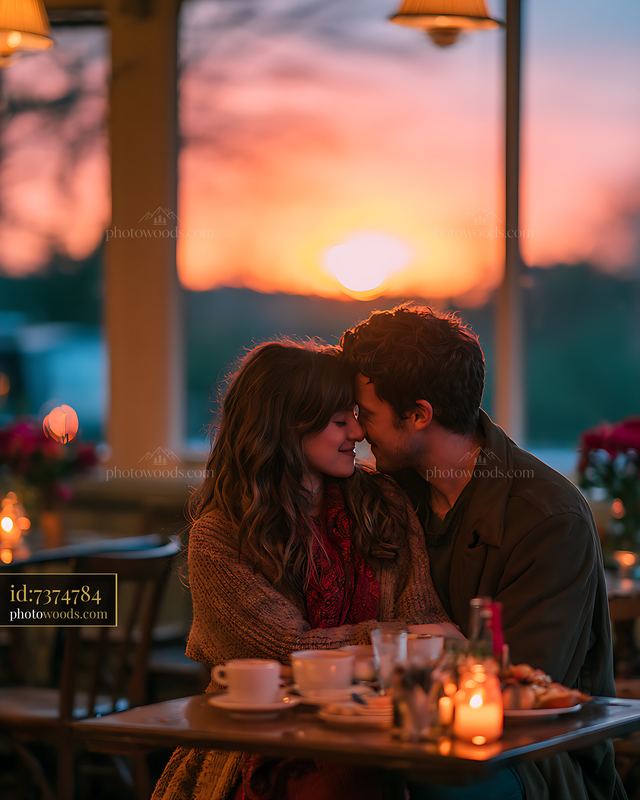 Couple sharing an intimate moment at a sunset dinner