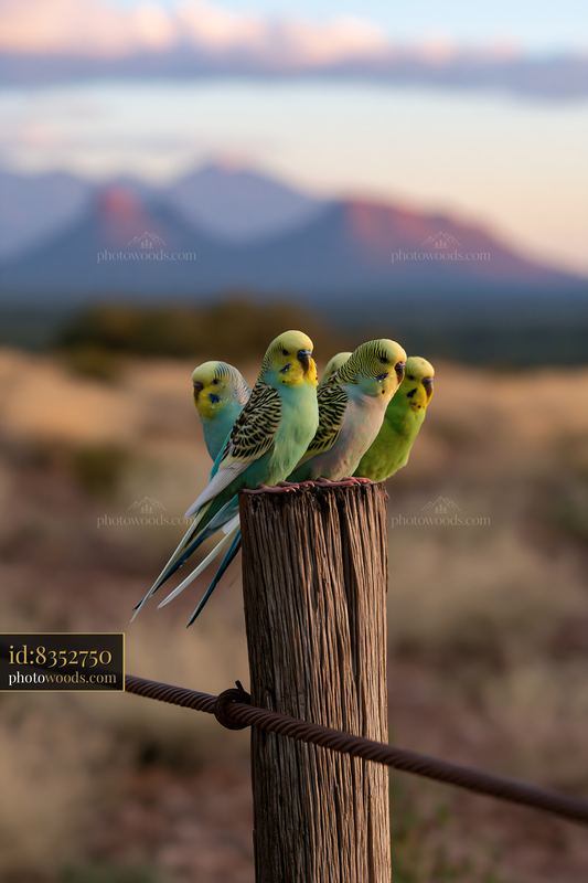 Four budgerigars perched on a wooden post in a desert landscape