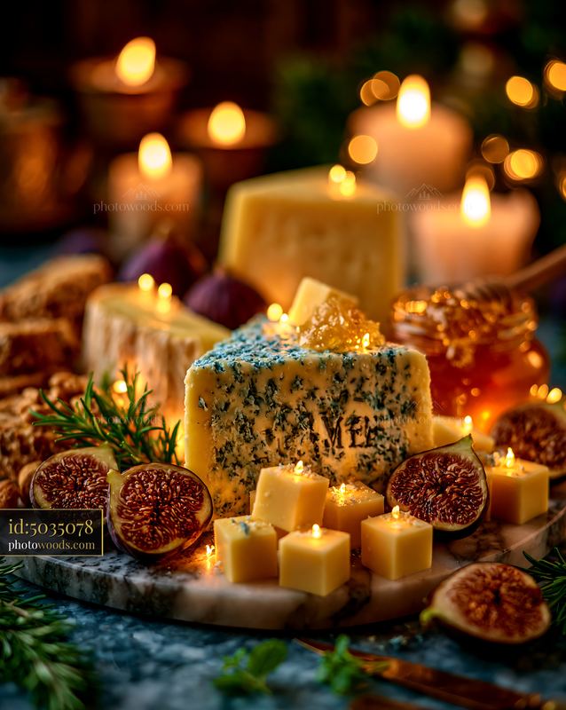 Charcuterie Board With Cheeses, Figs, and Honey at Candlelit Setting