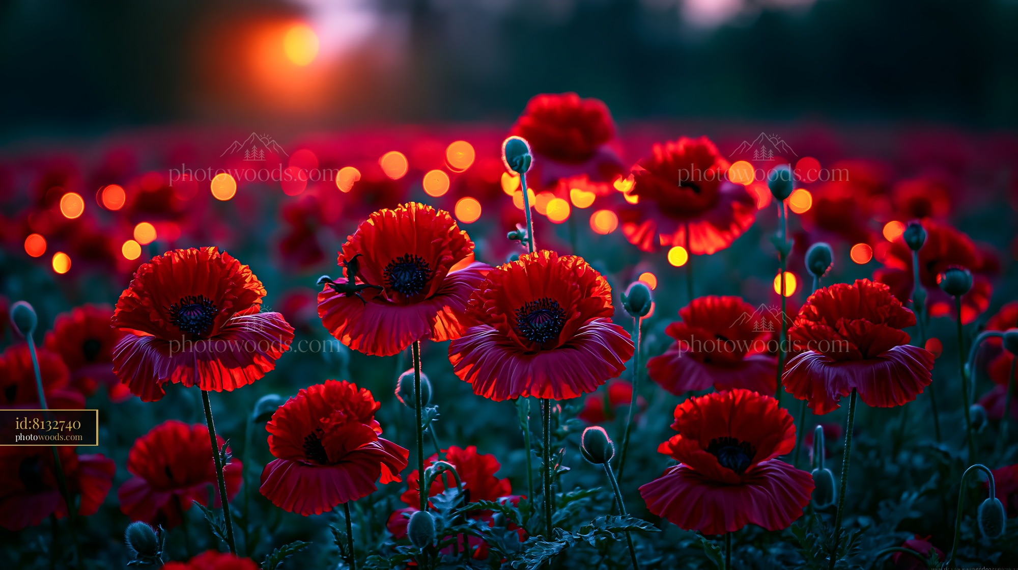 Red Poppies Bloom at Sunset in a Vibrant Flower Field