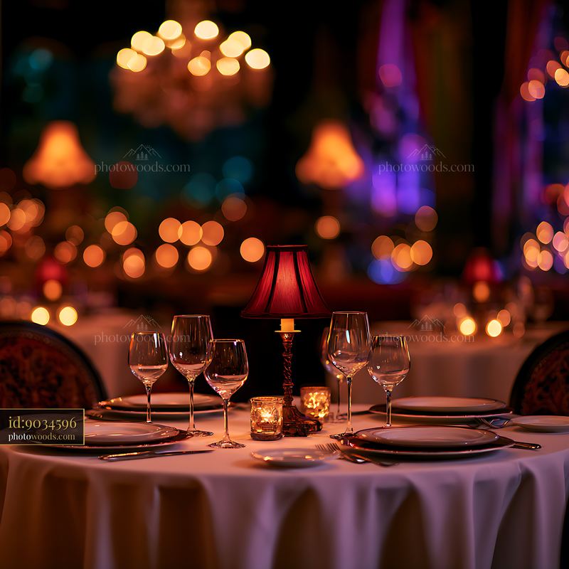 Elegant candlelit dinner table with wine glasses and bokeh lights