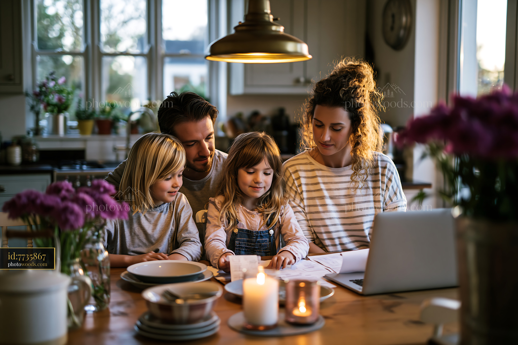Family Discussing Insurance Offers at a Kitchen Table During Sunset