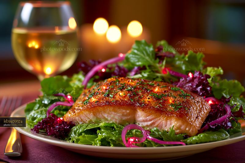 Grilled salmon fillet with green salad and candlelight