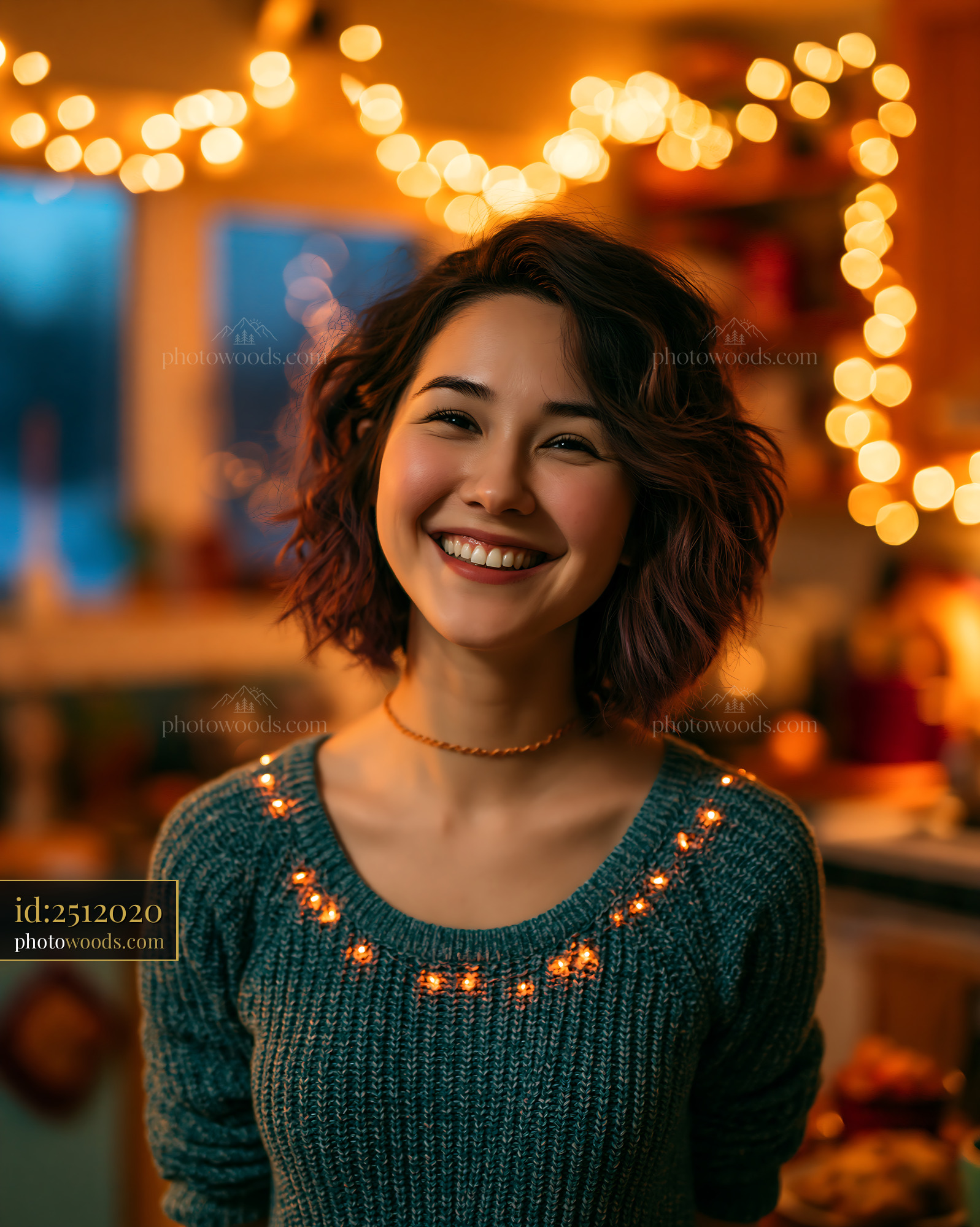 Woman Smiling in a Cozy Kitchen With Warm String Lights