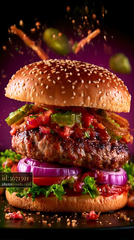 Gourmet sesame seed hamburger with fresh vegetables and sauce