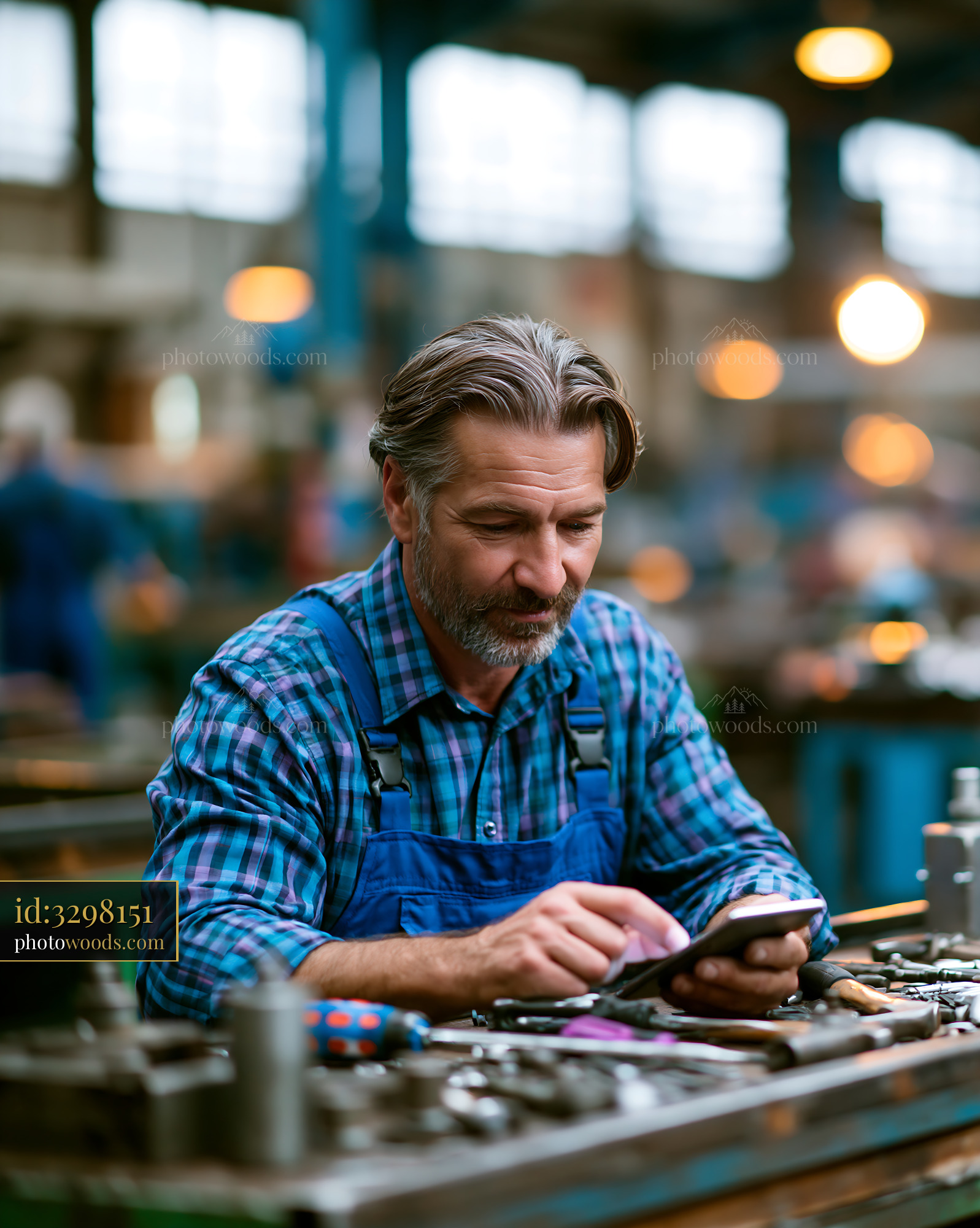 Employee Using Smartphone in Industrial Workshop