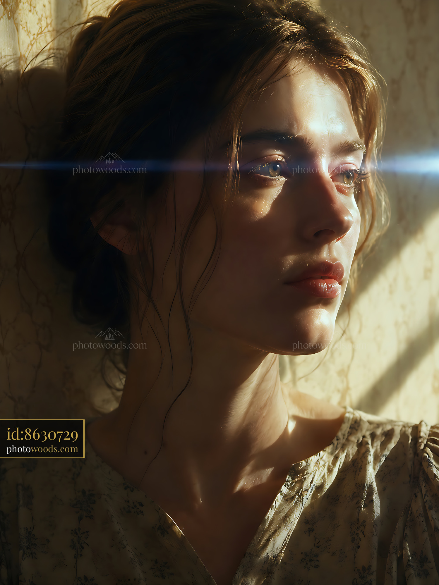 Woman Gazing out Window With Soft Light on Her Face