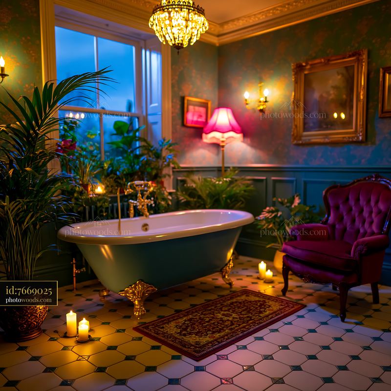 Luxurious vintage bathroom with freestanding bathtub and velvet chair
