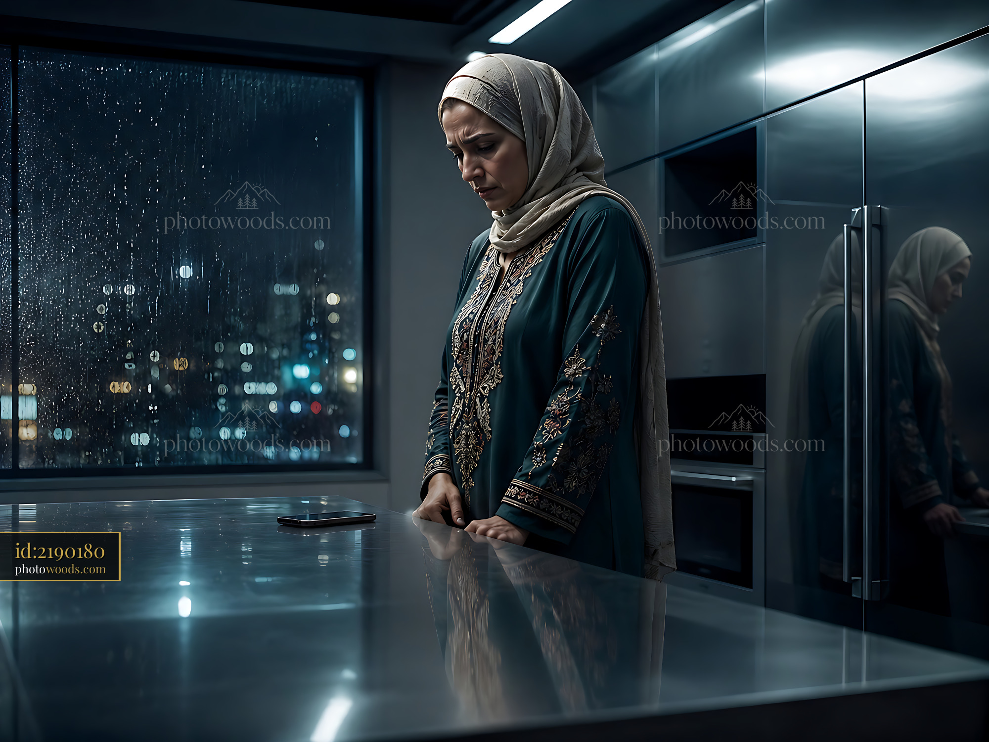 Woman in Hijab Stands by Kitchen Counter Looking at Phone