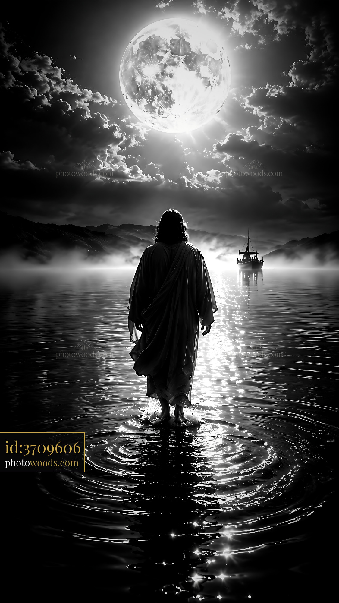 Person Walks on Water Under the Moonlight With a Boat Nearby