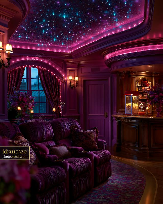 Opulent Home Theater With Starlight Ceiling in Luxurious Interior