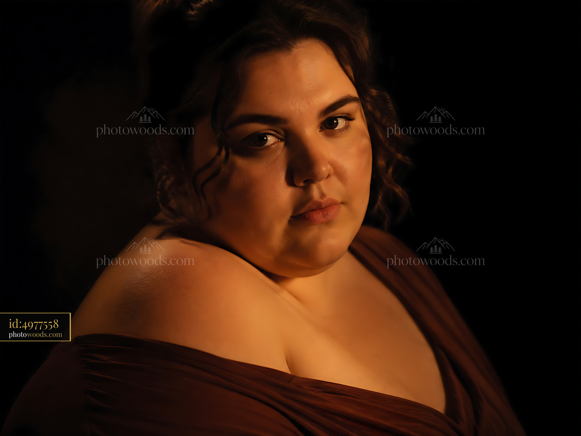 Woman With Dark Hair and Off-Shoulder Dress Looking at the Camera