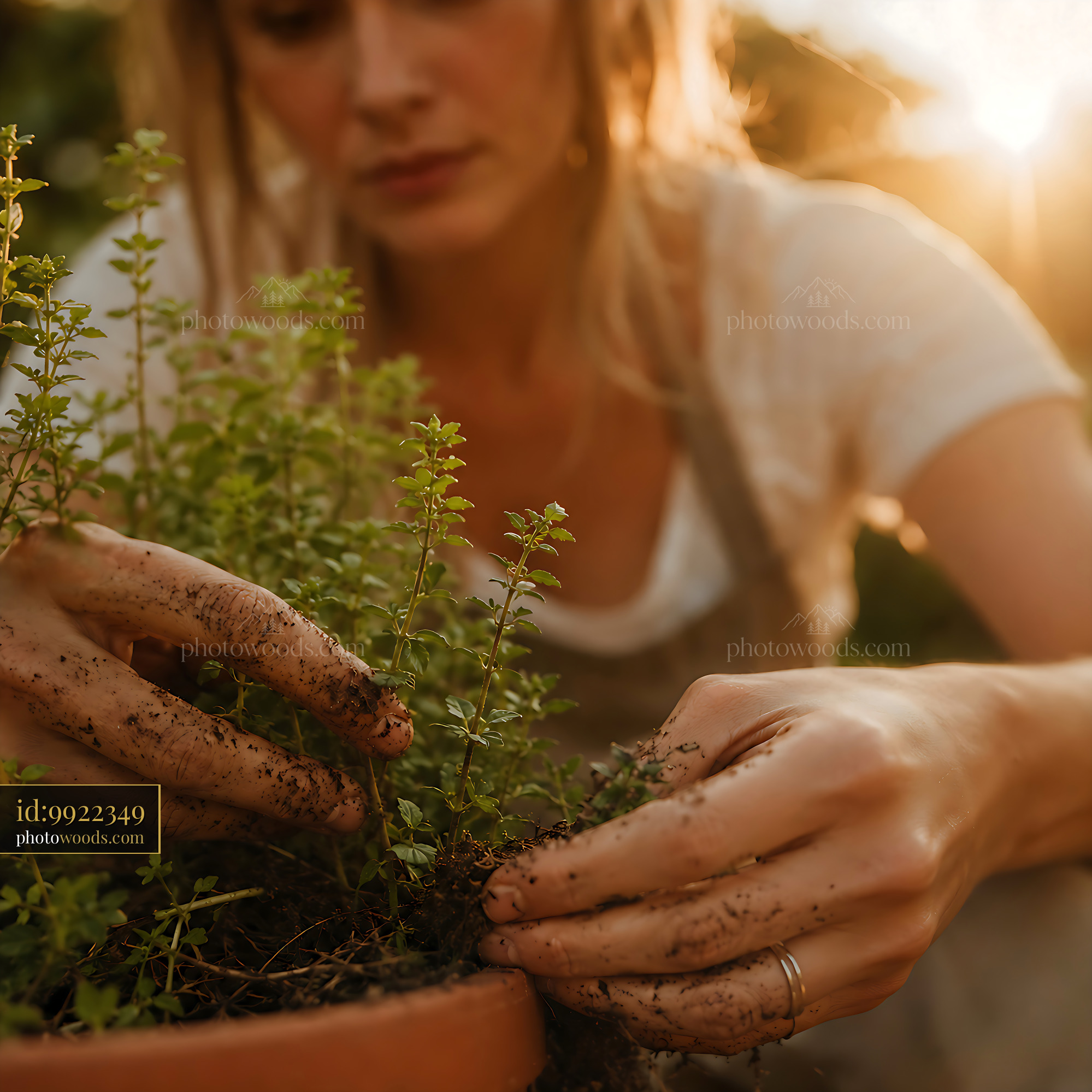 Woman Gardening in Sunset Light With Herbs in a Pot