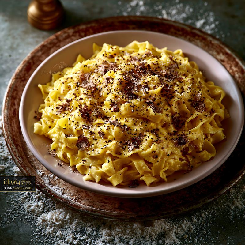 Creamy ribbon pasta topped with shaved truffle and cheese