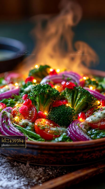 Festive broccoli and tomato salad with string lights