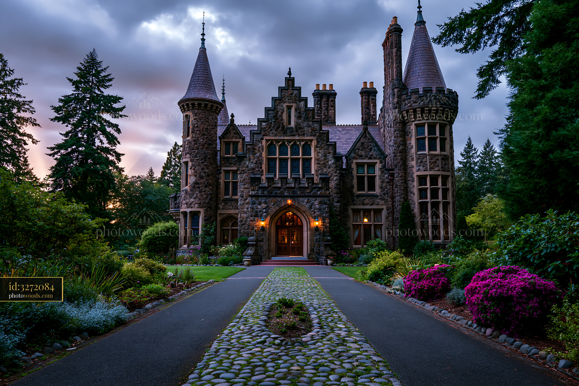 Historic Mansion Surrounded by Gardens at Dusk