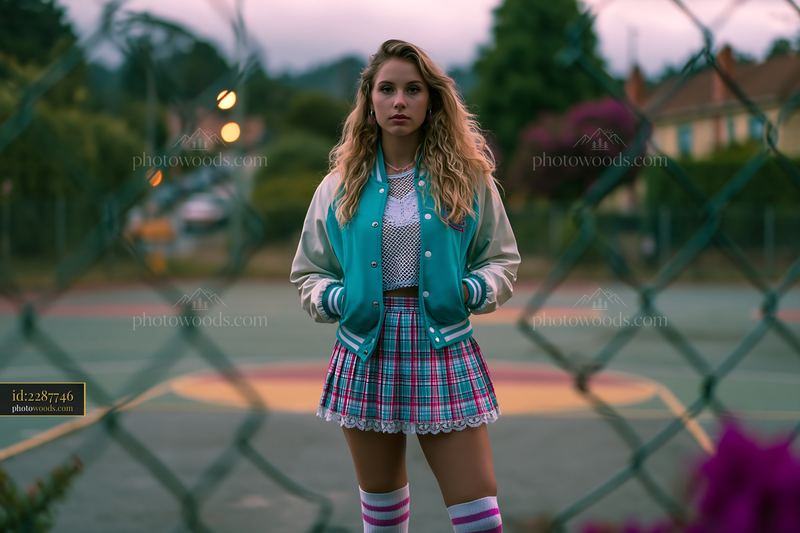 Young Woman in Varsity Jacket and Pleated Skirt on Basketball Court