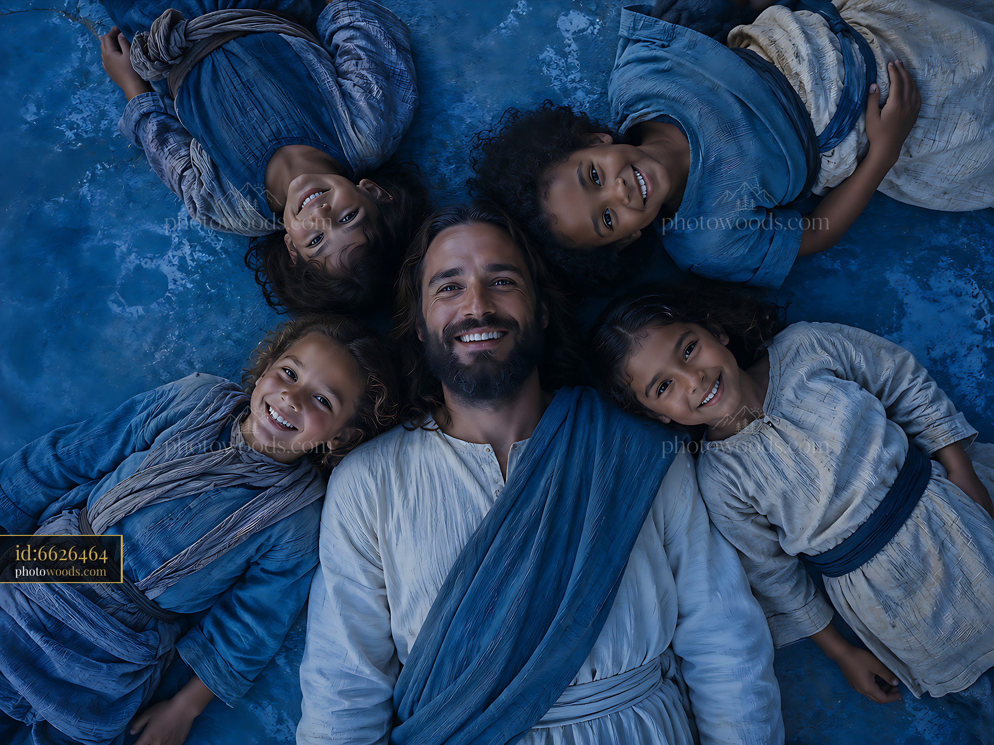Group of Children and Man Lying Together on Blue Background