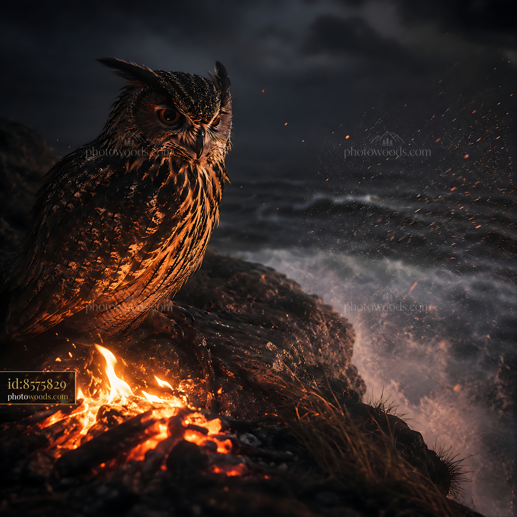 Owl Perches Near Fire on Rocky Beach at Night