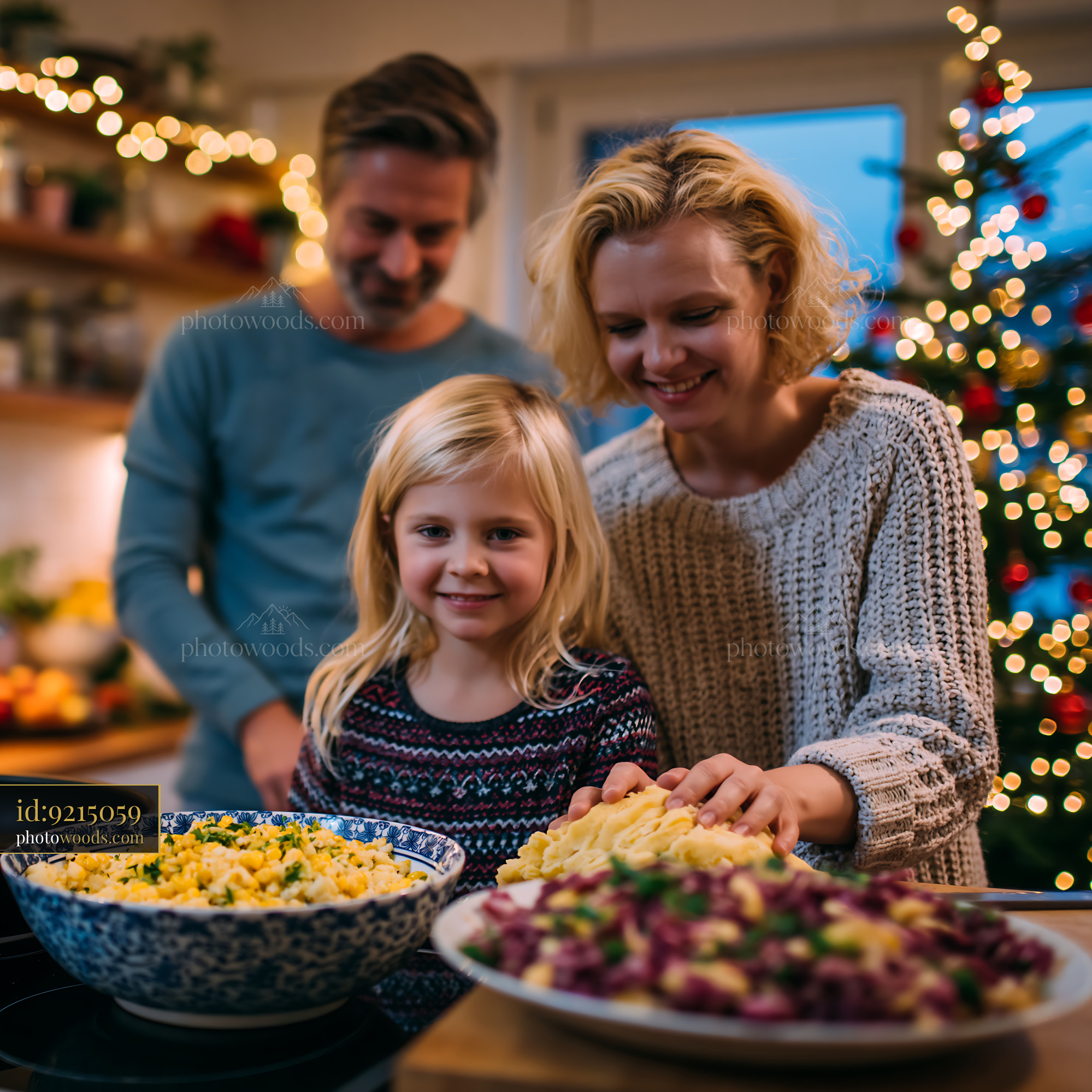 Family Preparing Traditional Festive Food Together in Kitchen