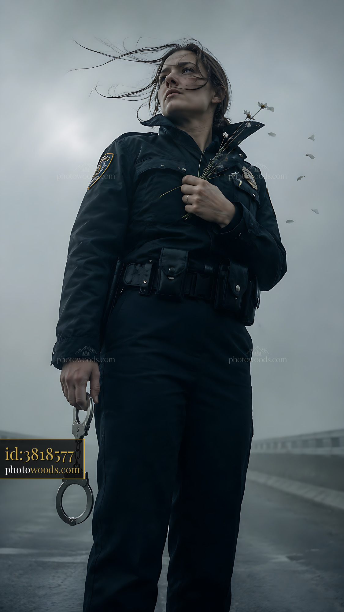 Woman Officer Stands on a Foggy Road Holding a Weapon and Handcuffs