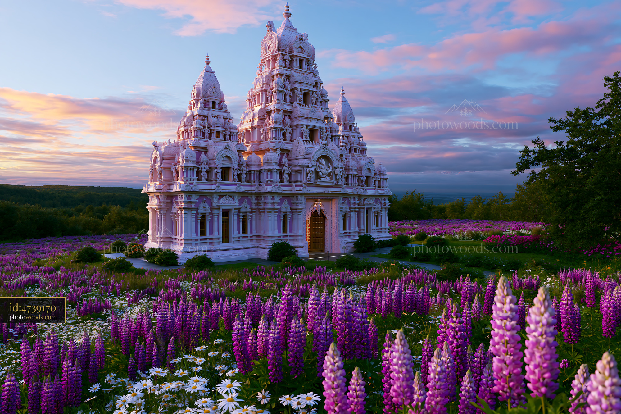 Hindu Temple With Purple Lupines at Sunset in Sri Ganganagar, India