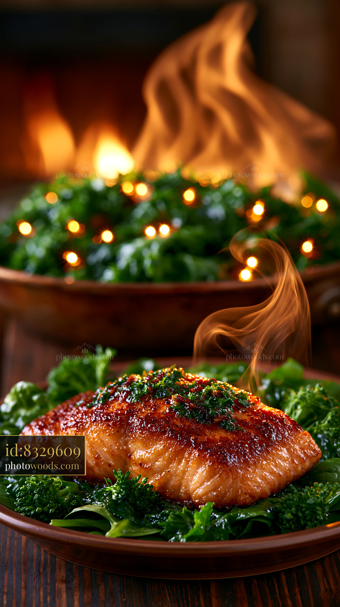 Seared Salmon Fillet on Greens With Steam and Bokeh Lights