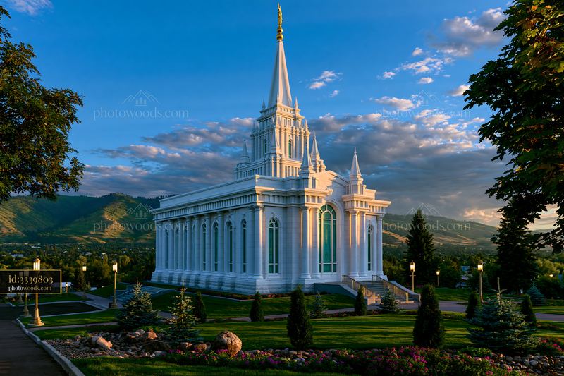White spired temple in a landscaped mountain valley