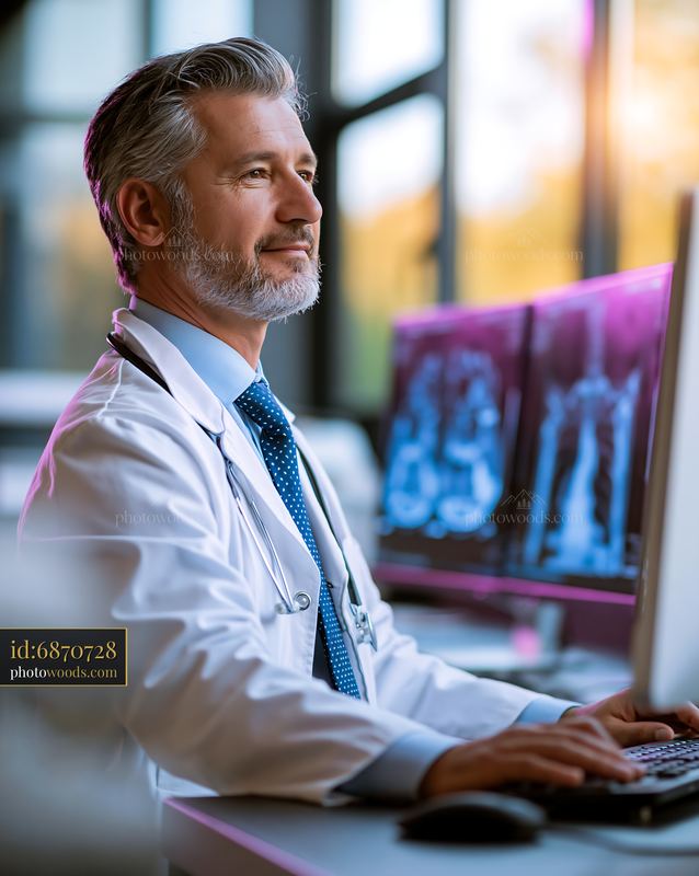 Doctor working at a computer in a modern medical office